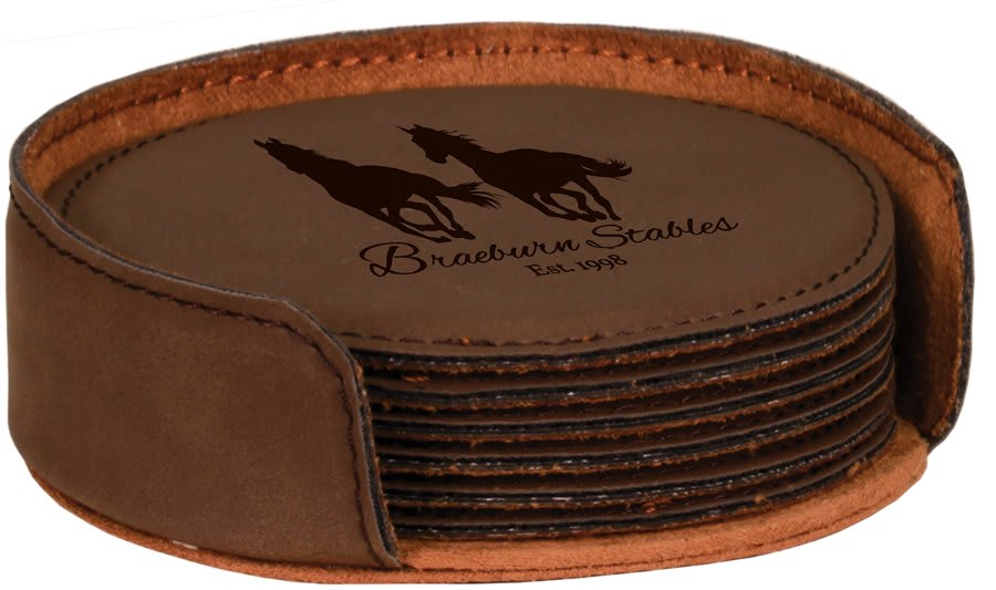 Dark Brown Round Engravable Leatherette 6-Coaster Set - 4"