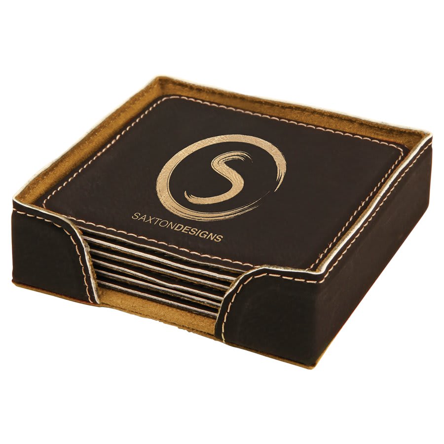 Black/Gold Square Engravable Leatherette 6-Coaster Set - 4" x 4"