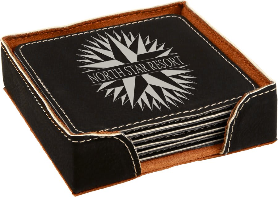 Black/Silver Square Engravable Leatherette 6-Coaster Set - 4" x 4"