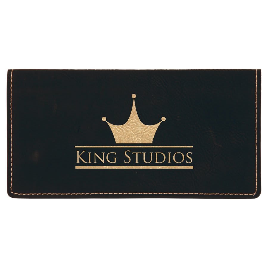 Black/Gold Engravable Leatherette Checkbook Cover - 6 3/4" x 3 1/2"