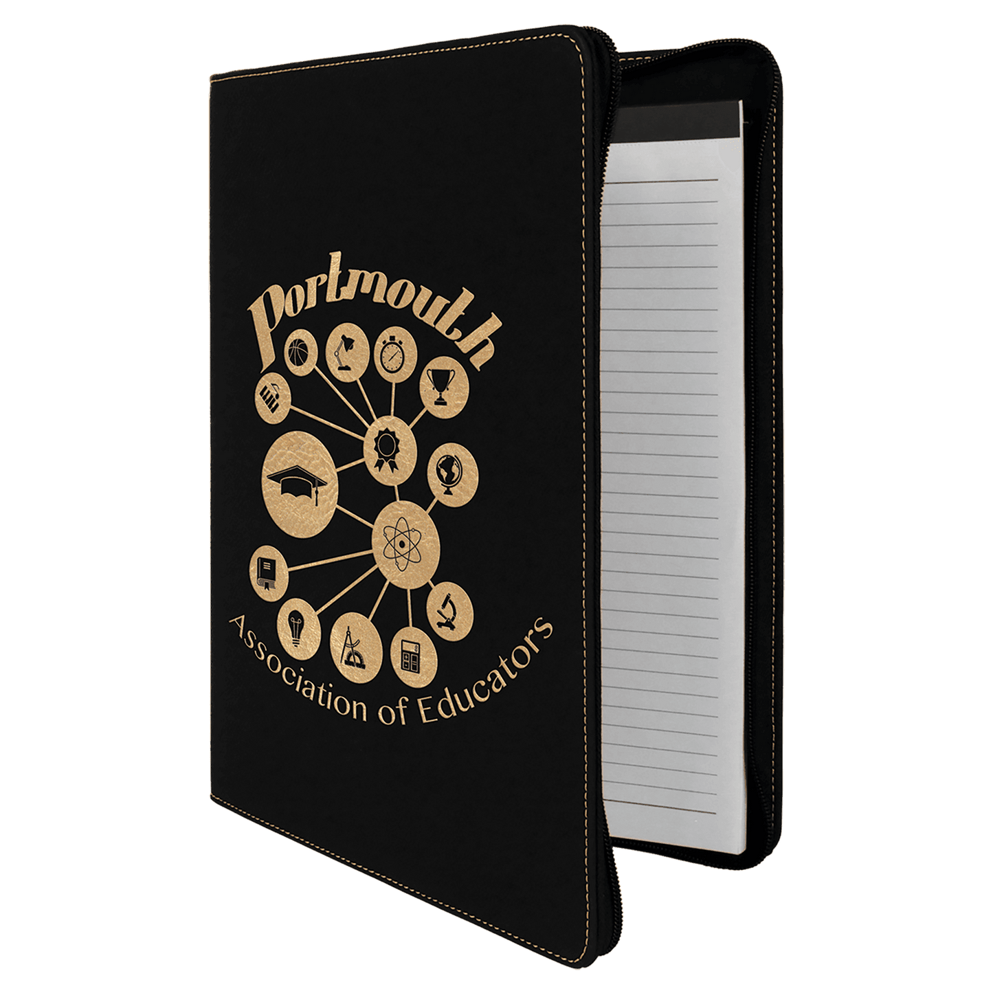 Black/Gold with Zipper Engravable Leatherette Portfolio with Notepad - 9 1/2" x 12"