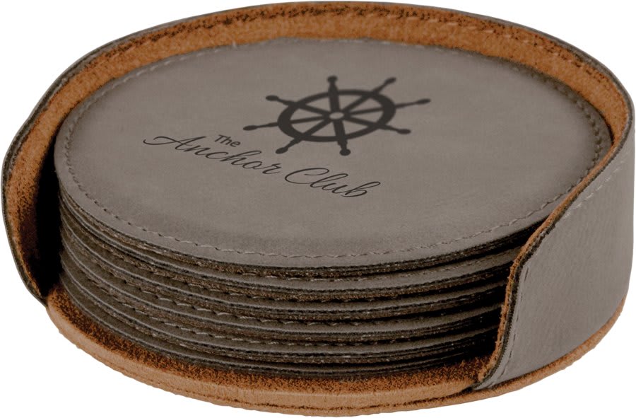 Gray Round Engravable Leatherette 6-Coaster Set - 4"