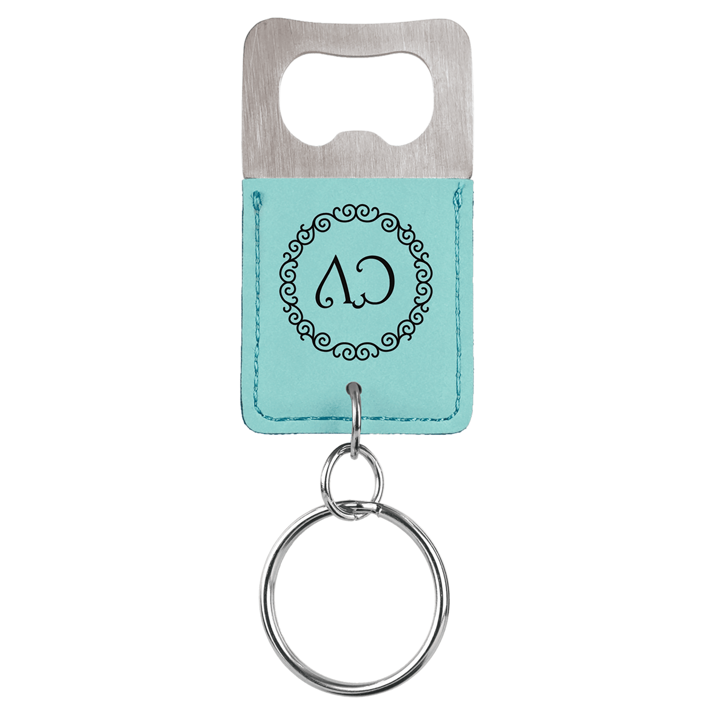 Rectangle Teal Engravable Leatherette Bottle Opener Keychain
