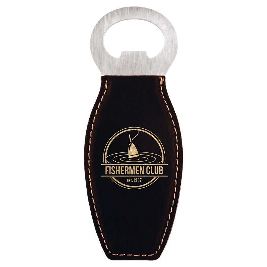 Black/Gold Engravable Leatherette Bottle Opener with Magnet