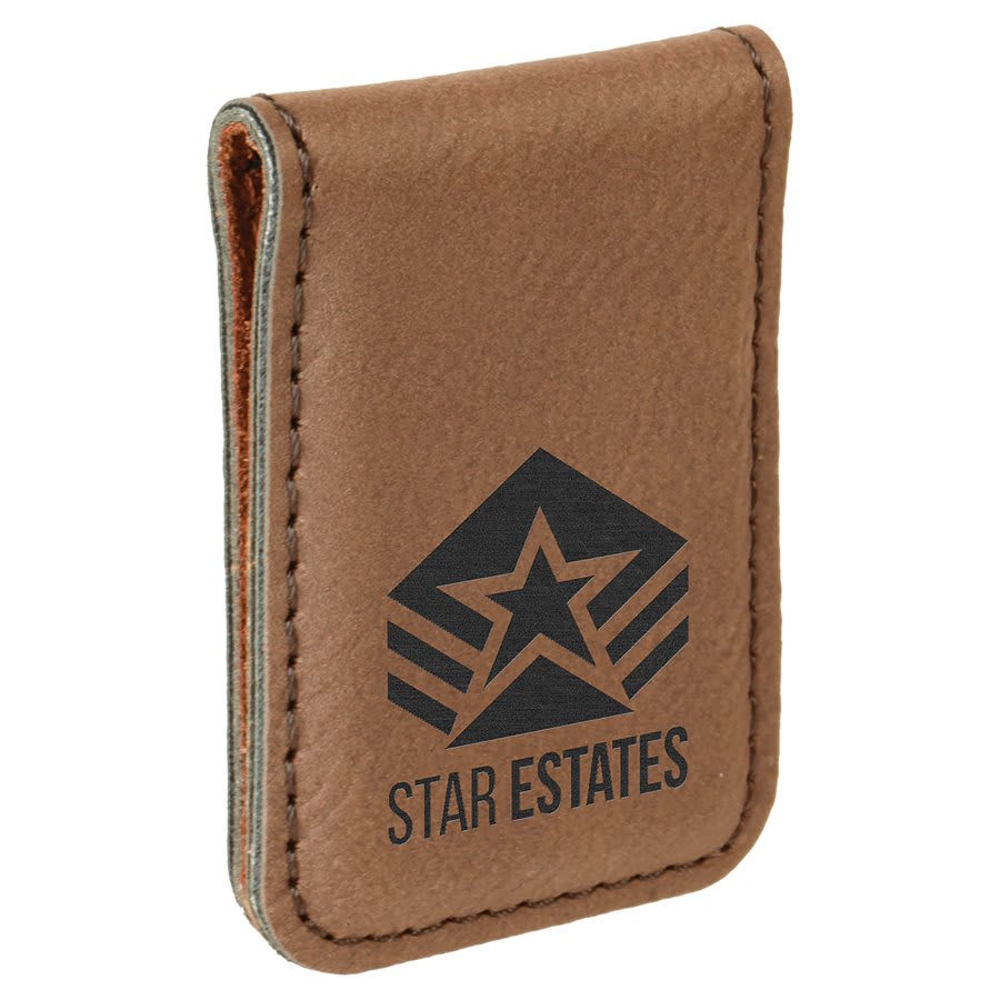 Dark Brown Engravable Leatherette Money Clip - 1 3/4" x 2 1/2"