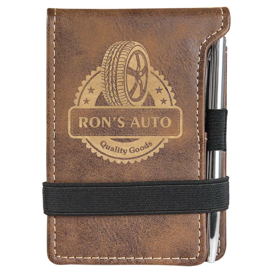 Rustic/Gold Engravable Leatherette Mini Notepad with Pen - 3 1/4" x 4 3/4"