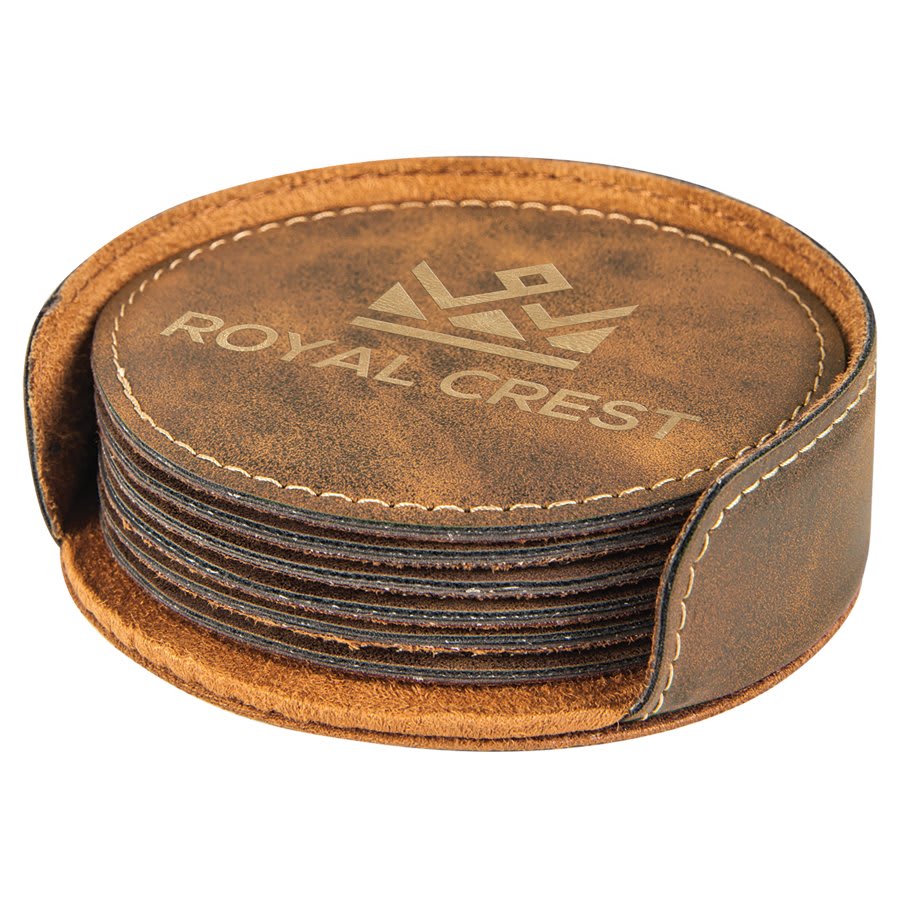 Rustic/Gold Round Engravable Leatherette 6-Coaster Set - 4"
