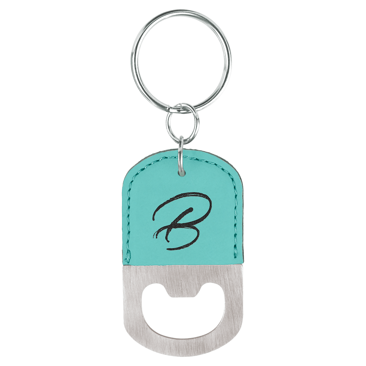 Oval Teal Engravable Leatherette Bottle Opener Keychain