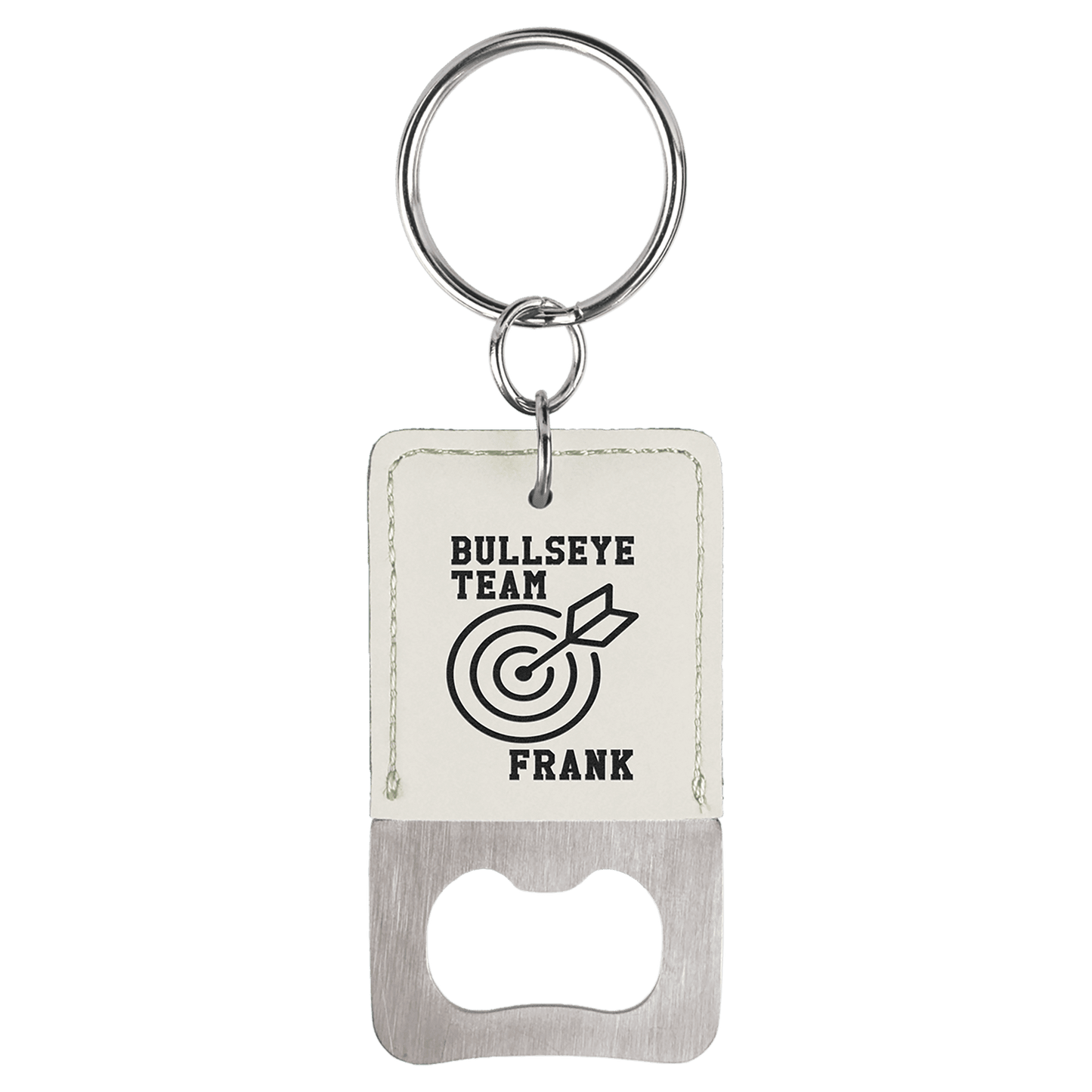 Rectangle White Engravable Leatherette Bottle Opener Keychain