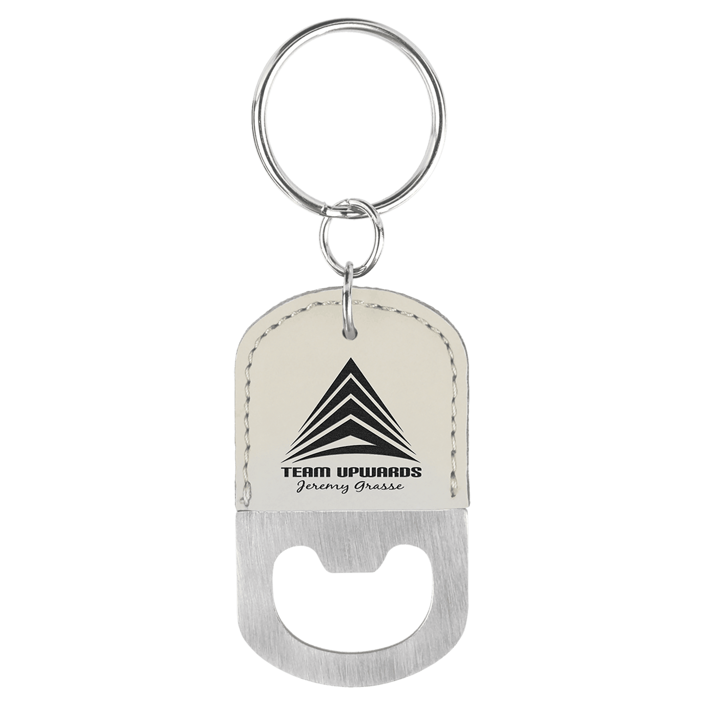 Oval White Laserable Leatherette Bottle Opener Keychain