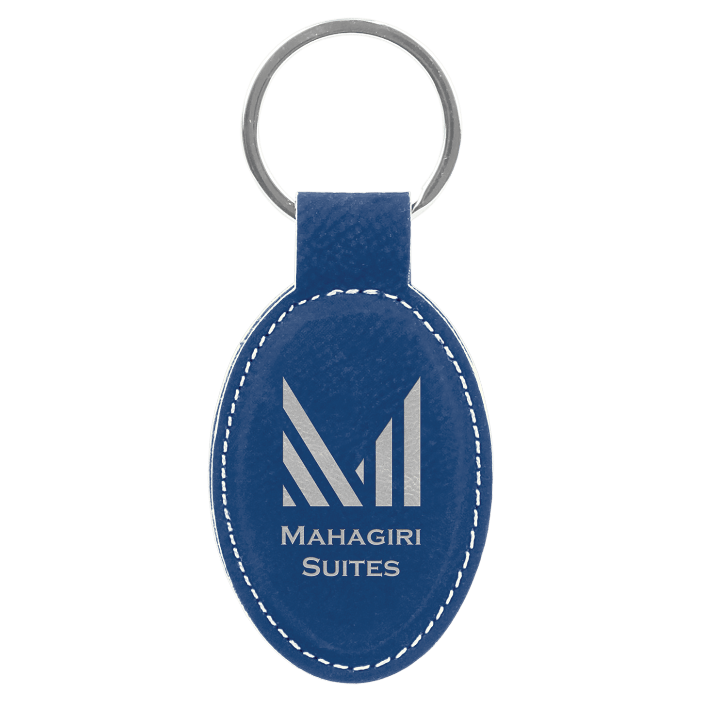 Blue/Silver Engravable Leatherette Oval Keychain - 3" x 1 3/4"