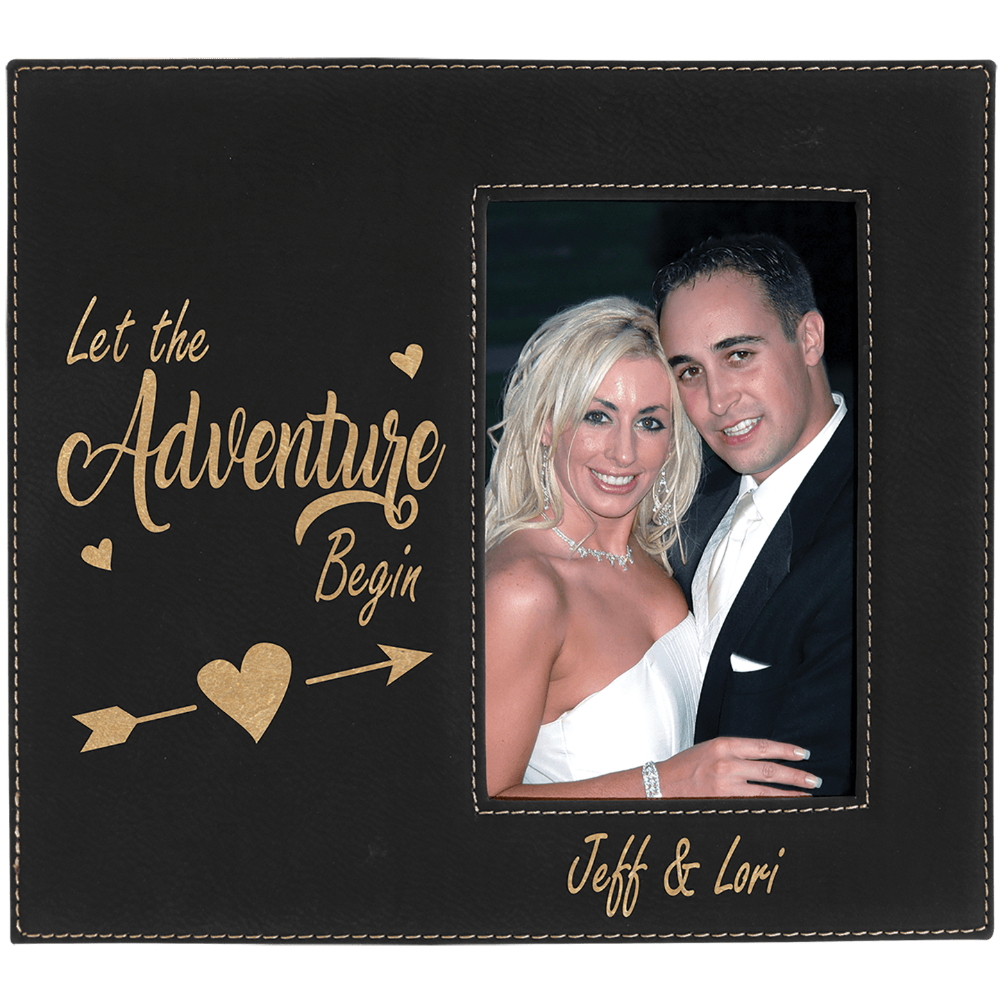 Black/Gold Leatherette Photo Frame with 4 1/4" x 7 7/8" Engraving Area - 4" x 6"