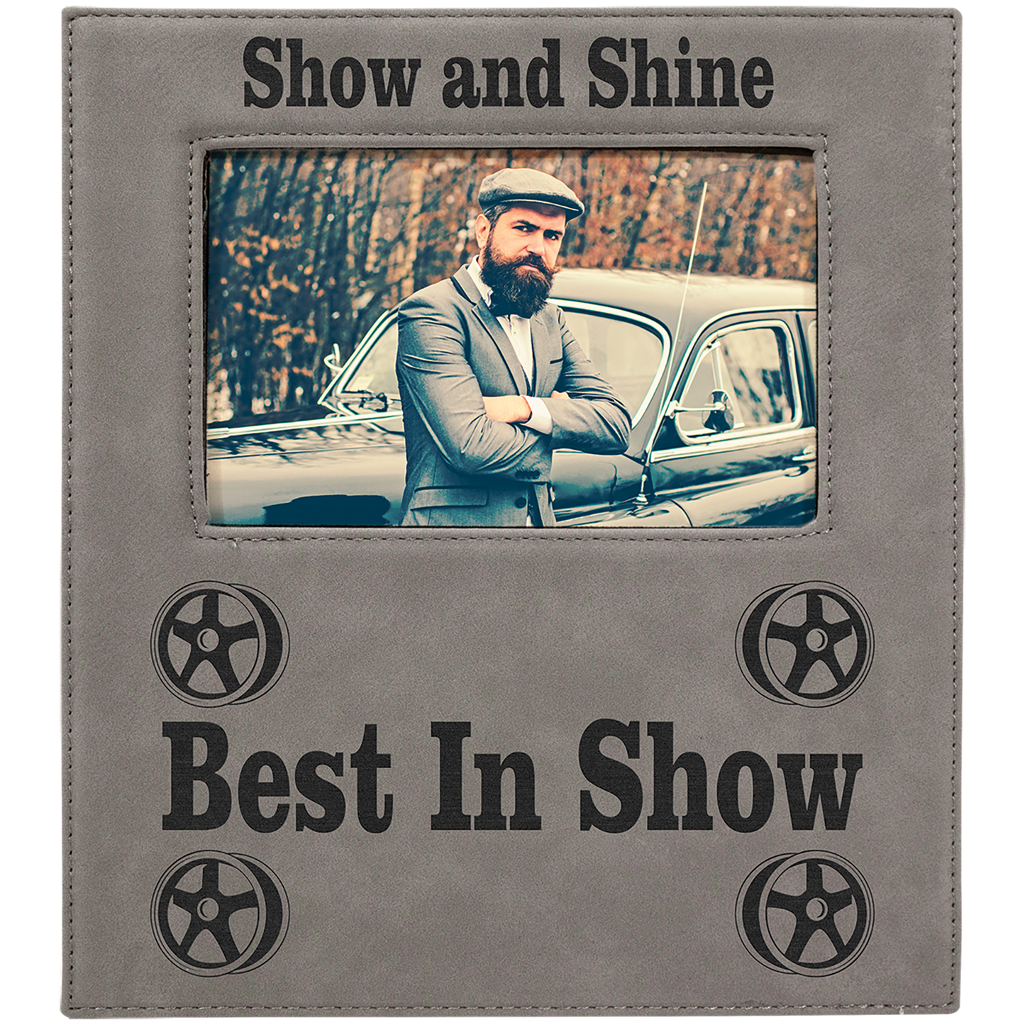 Gray Leatherette Photo Frame with 4 1/4" x 7 7/8" Engraving Area - 4" x 6"