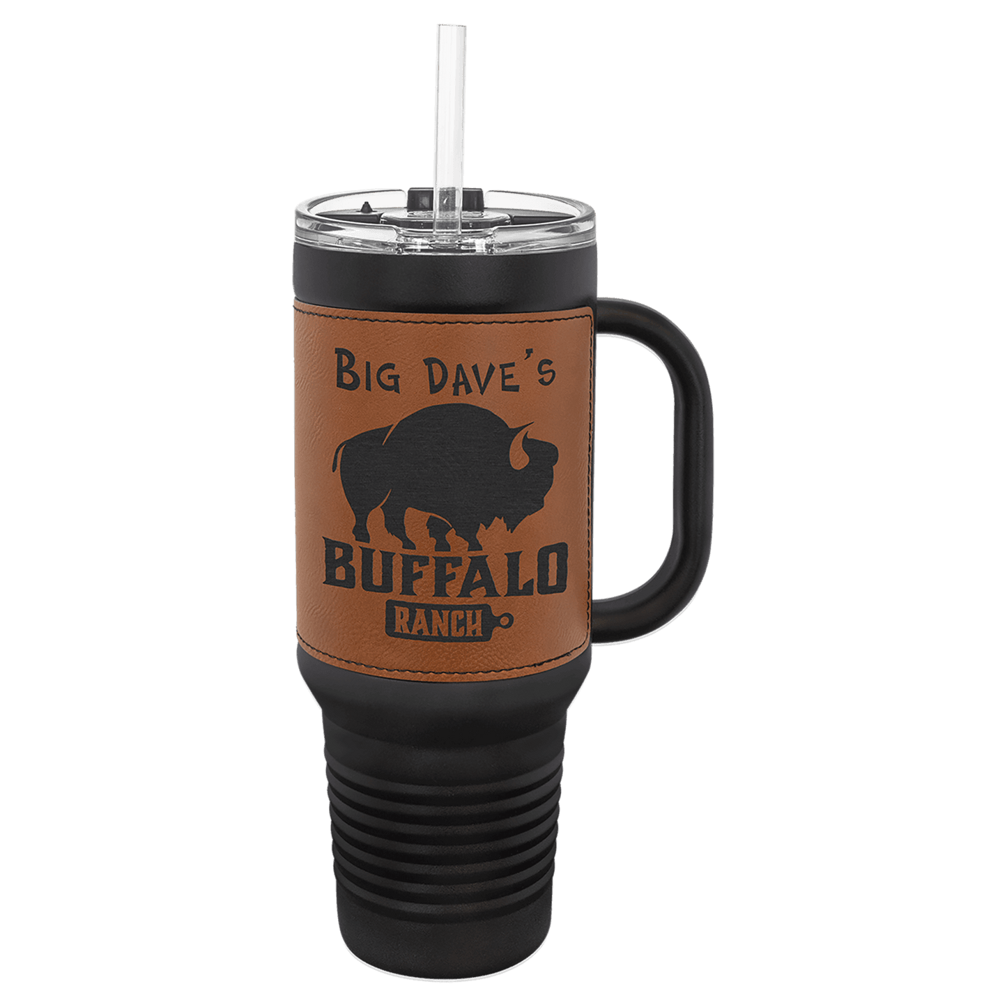 Polar Camel 40 oz. Black with Rawhide Engravable Leatherette Travel Mug with a Handle & Straw