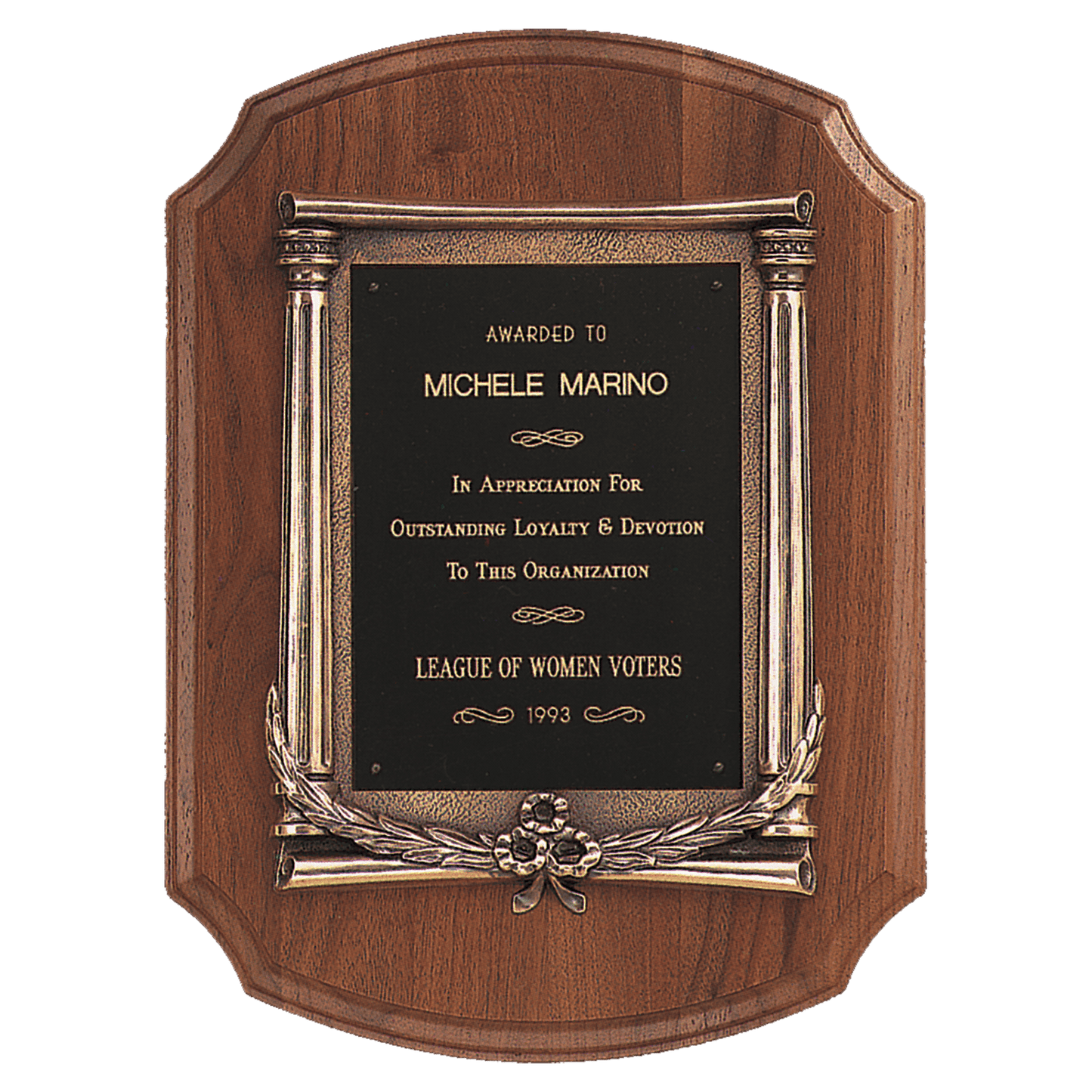 11" x 15" American Walnut Notch Corner Plaque w/Antique Bronze Frame/Black Brass Plate