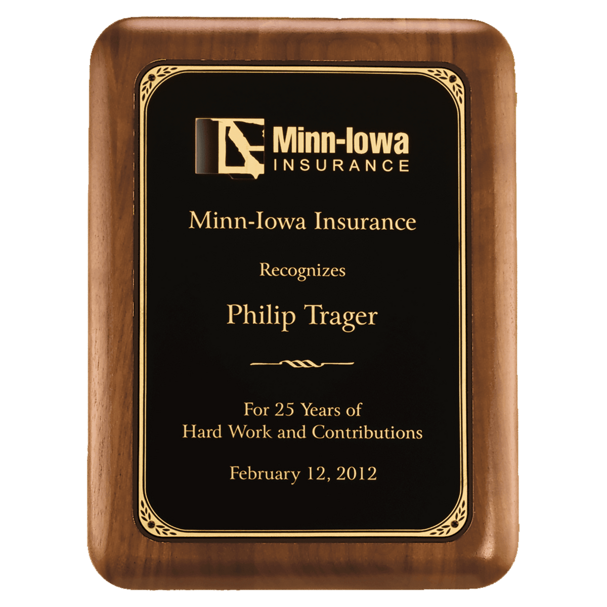 8" x 10 1/2" American Walnut Plaque with Gold Border Laserable Black Brass Plate