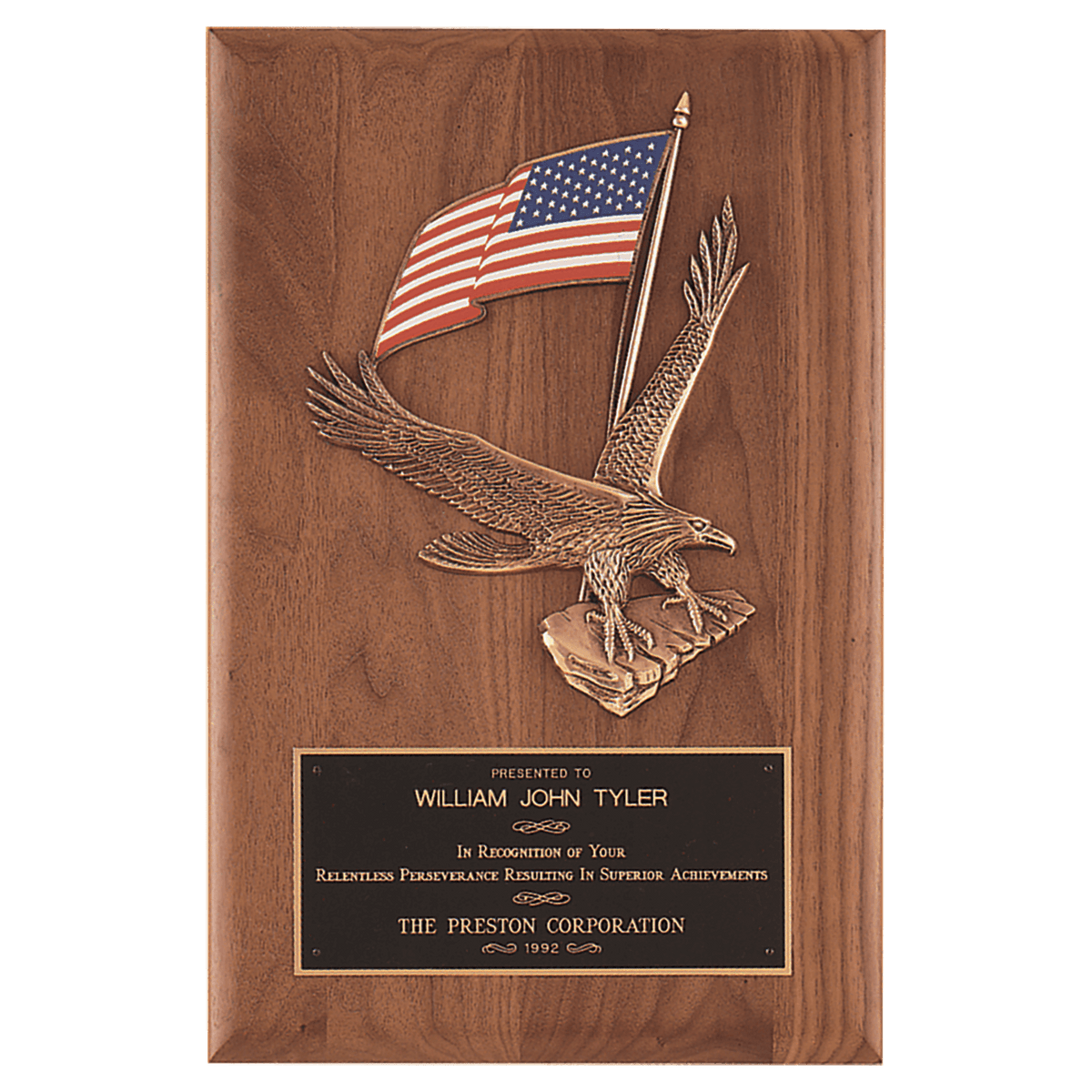8" x 10 1/2" Solid American Walnut Plaque with Finely Detailed Eagle with American Flag Relief and Black Laserable Brass P...