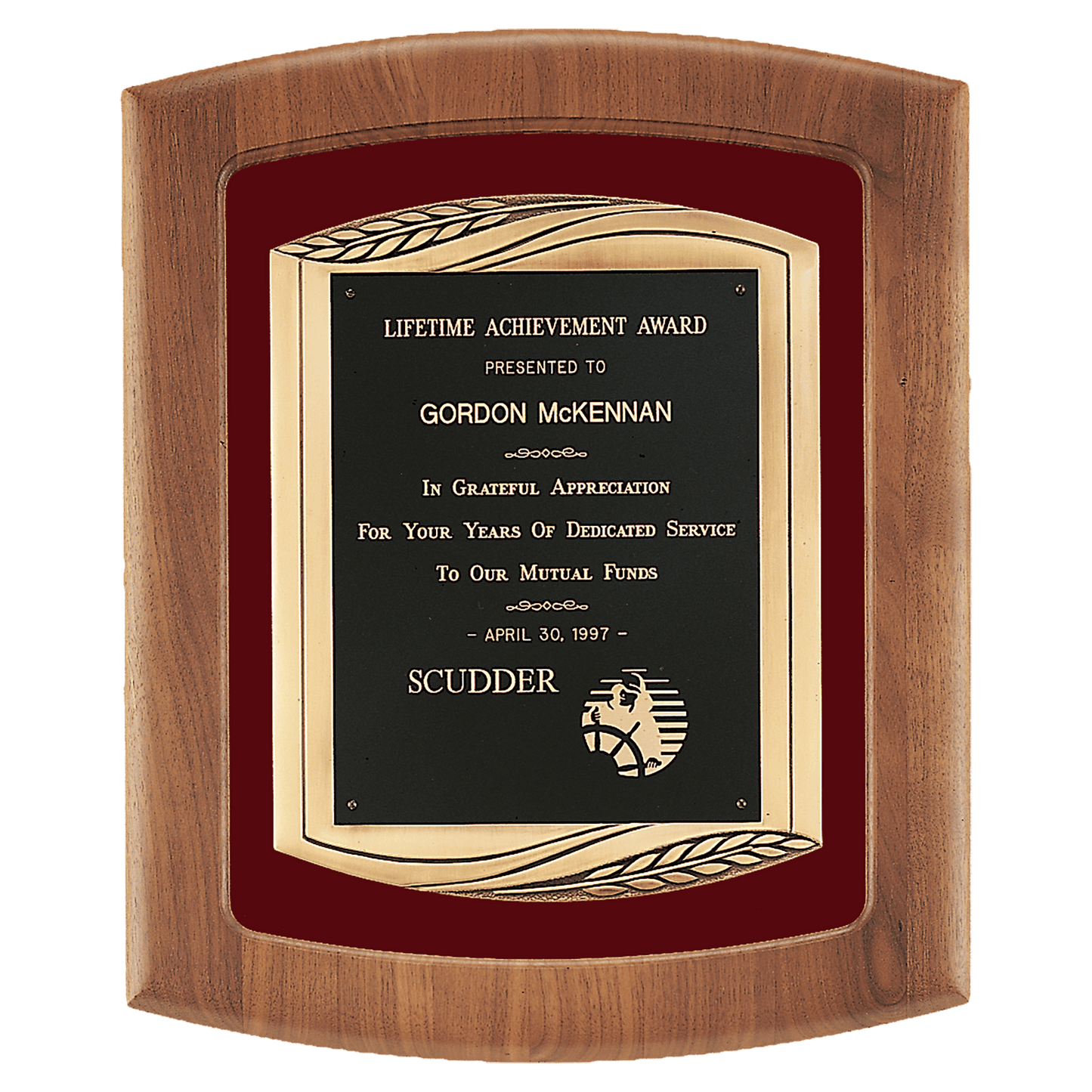 14" x 17" American Walnut Frame with Maroon Velour Background and Black Laser Engravable Plate in an Antique Bronze Finish...