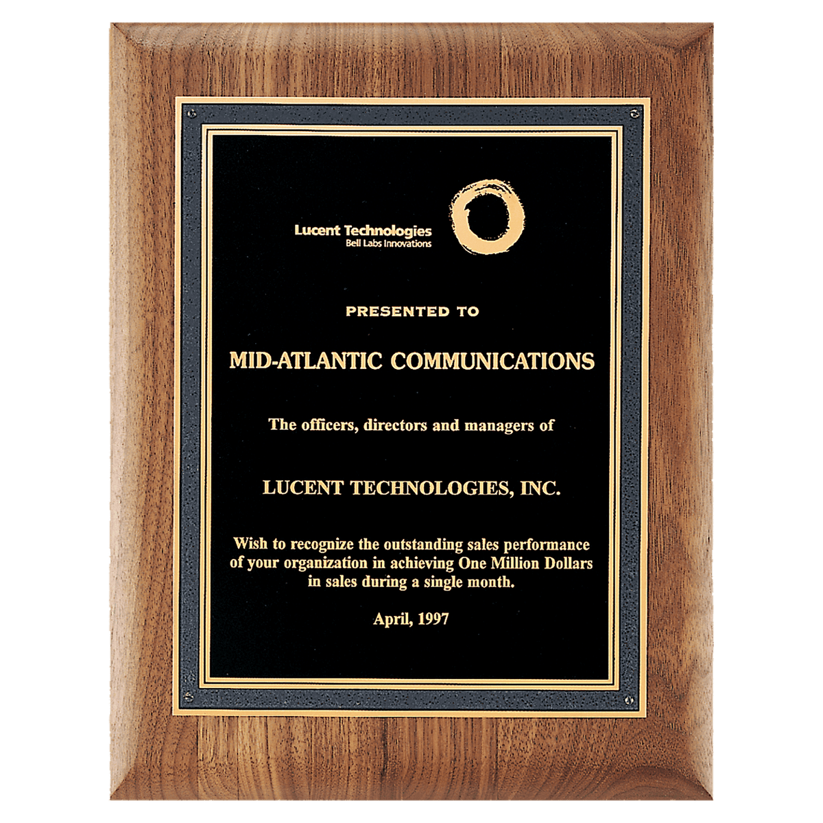 9" x 12" American Walnut Plaque with Black/Gold Florentine Border Textured Black LaserFX Plate