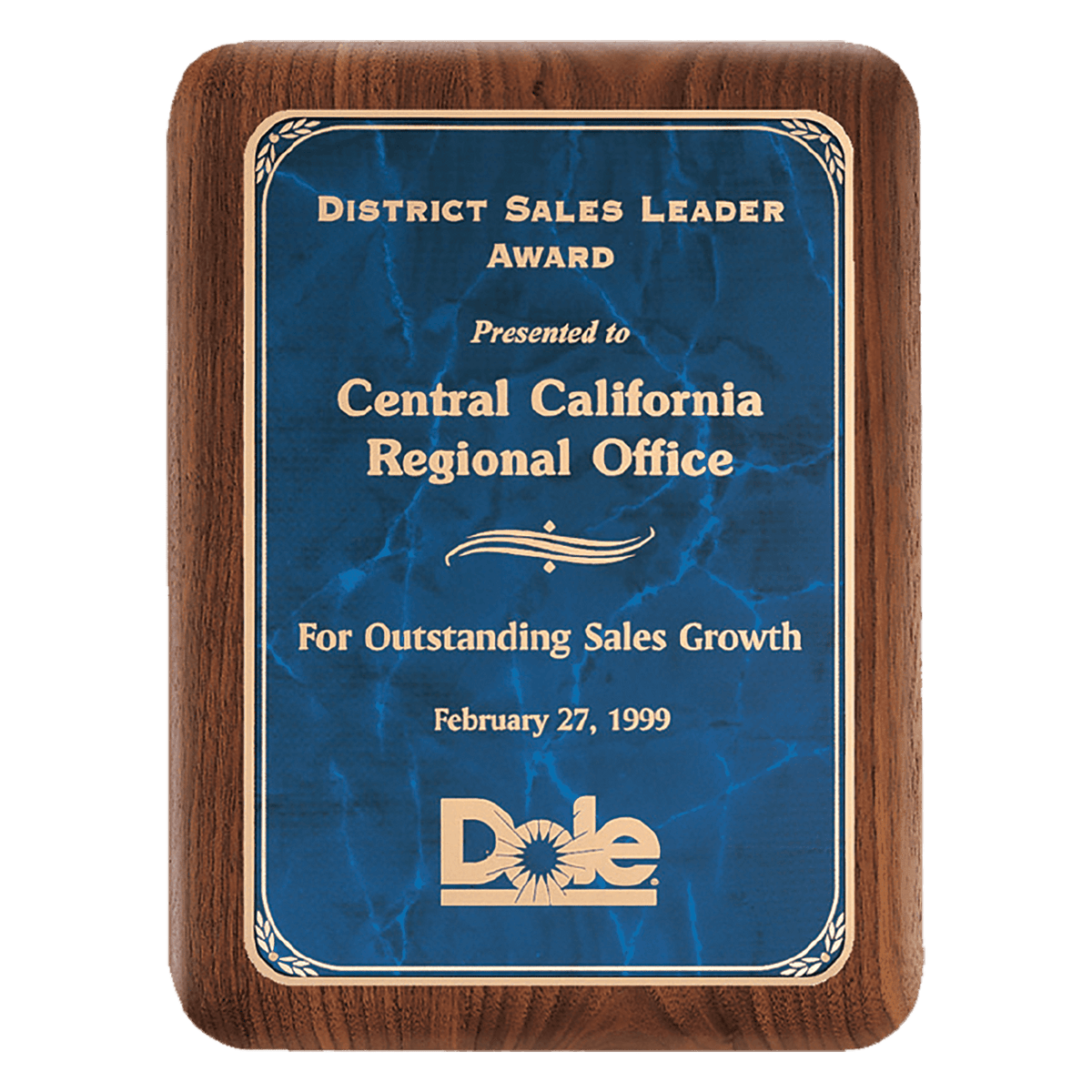 7" X 9" American Walnut Plaque with Gold Border Sapphire Marble LaserFX Plate