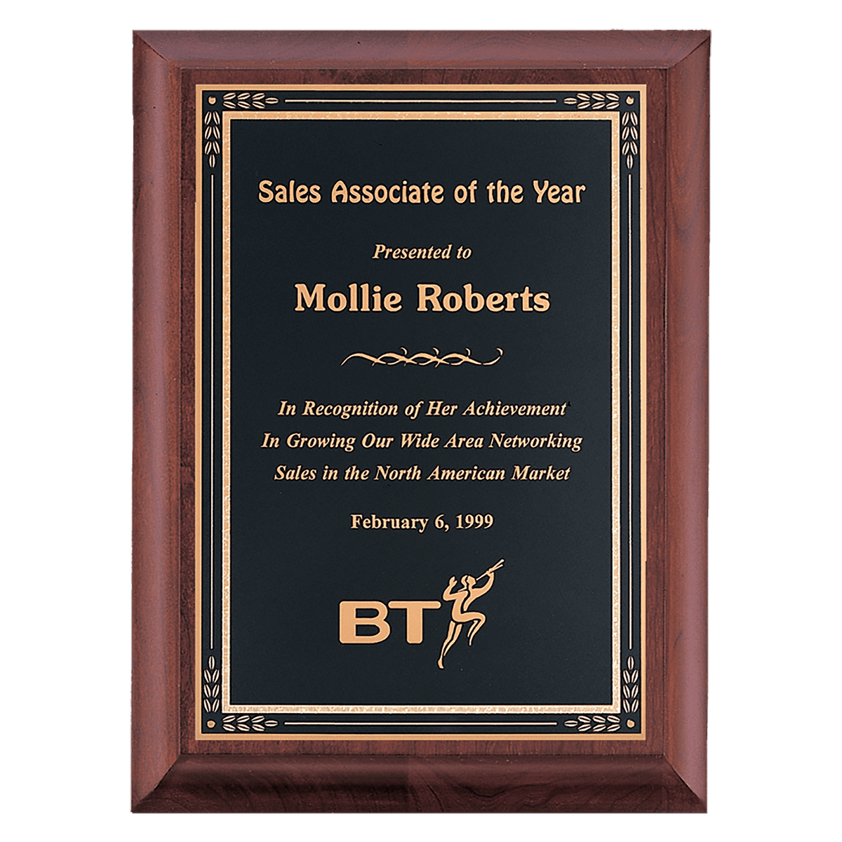 9" x 12" Hand Rubbed Cherry Finish Plaque with Black Gold Florentine Border LaserFX Plate
