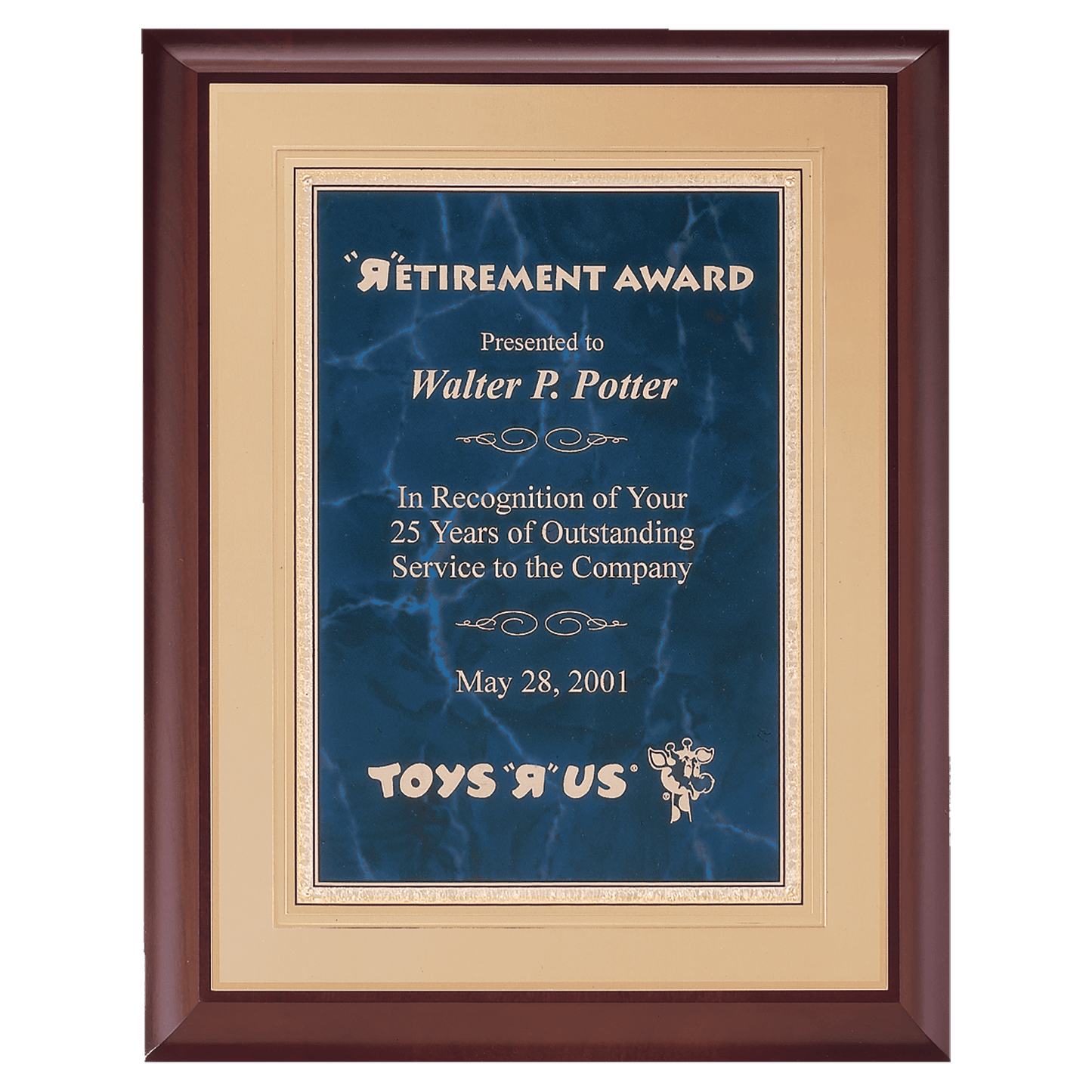 11" x 14" Hand Rubbed Cherry Finish Plaque with a Sapphire Gold Border Florentine LaserFX Plate on an Gold Embossed Back P...