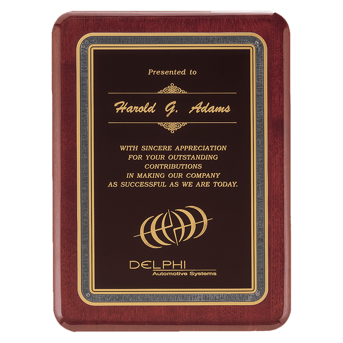8" x 10 1/2" Rosewood Piano Finish Plaque with Black/Gold Florentine DesignLaserFX Plate