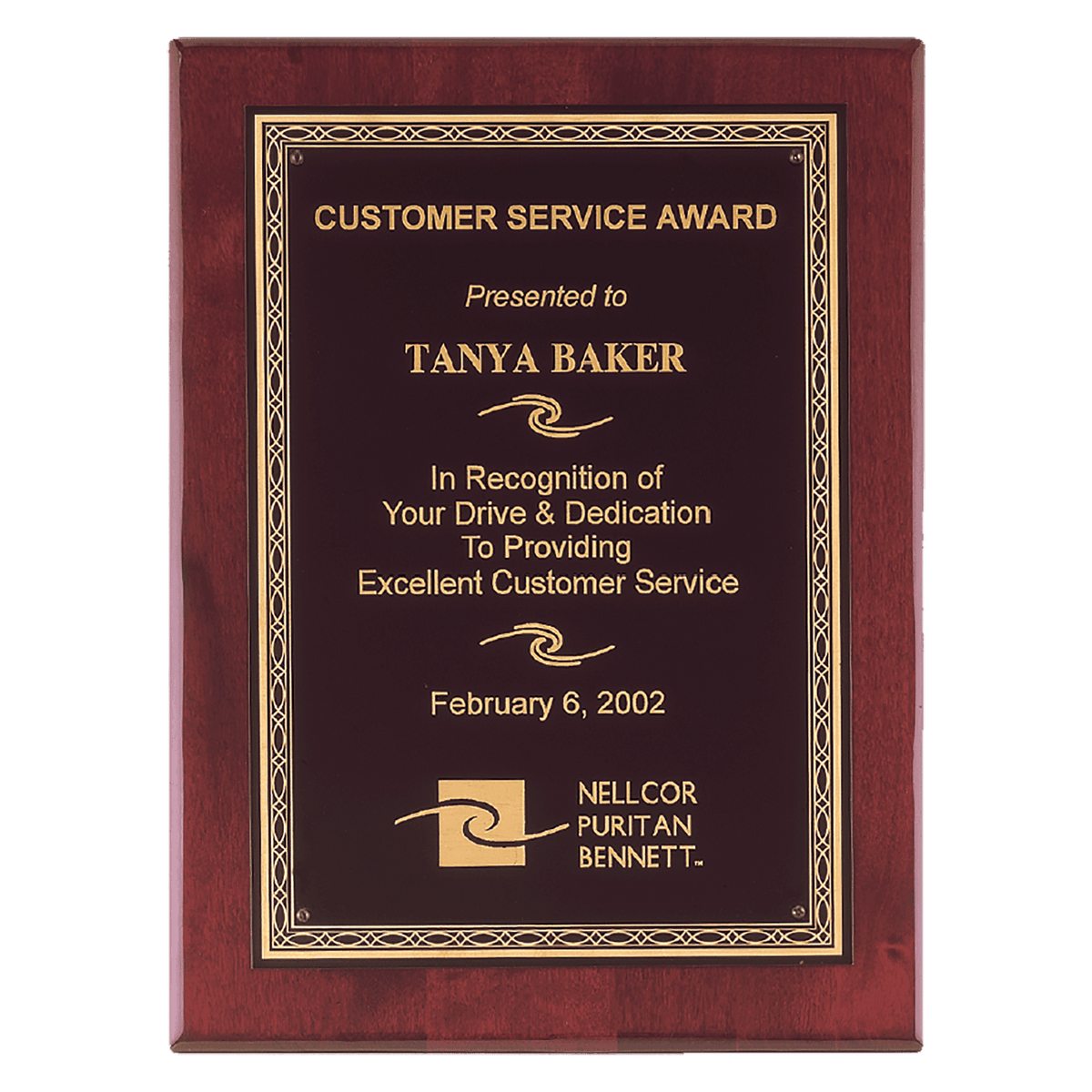 8" x 10" Airflyte Premium Rosewood Piano Finish Plaque with Gold Florentine Border Laserable Black Brass Plate