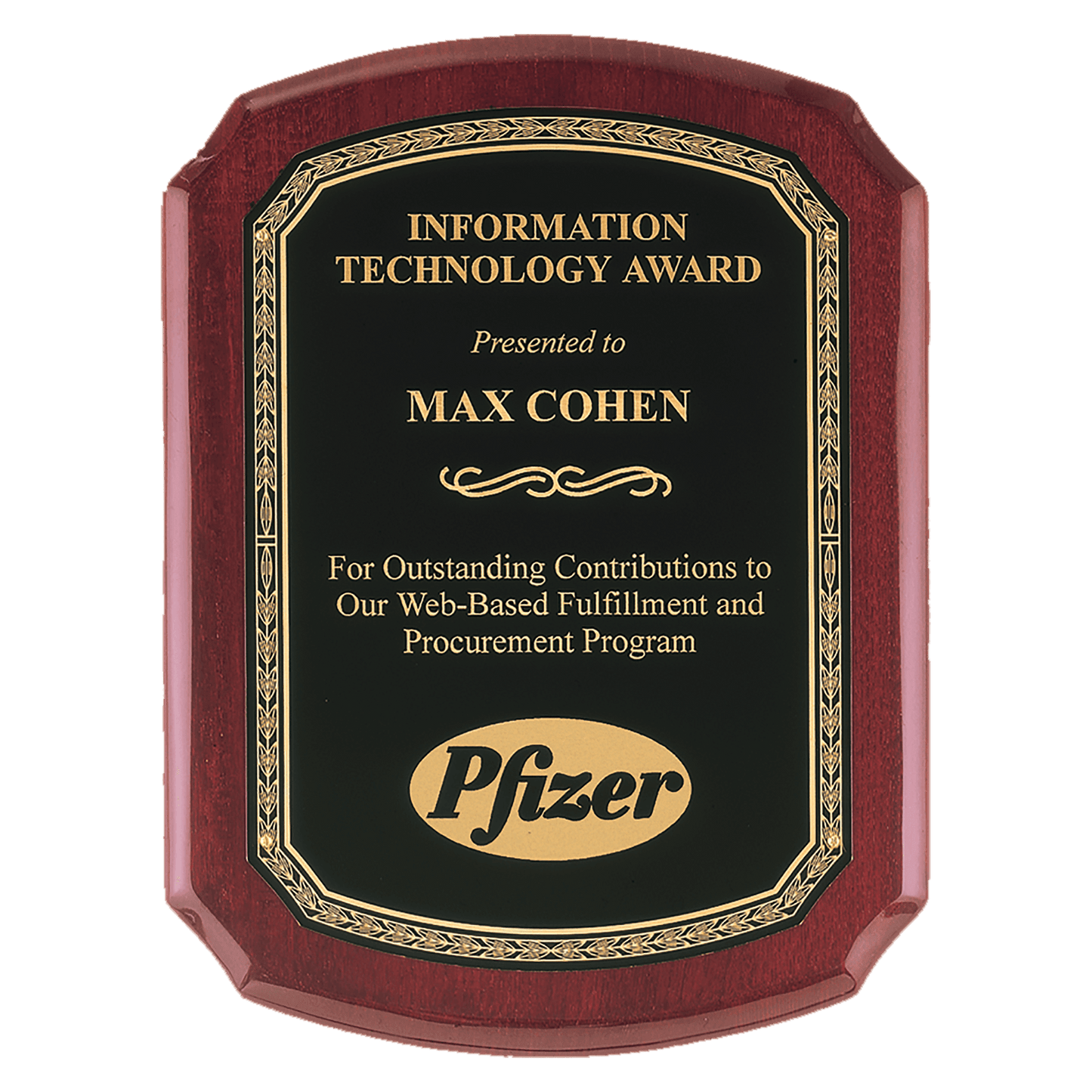 Airflyte Rosewood Piano Finish Plaque with Black Florentine Gold Border LaserFX Plate