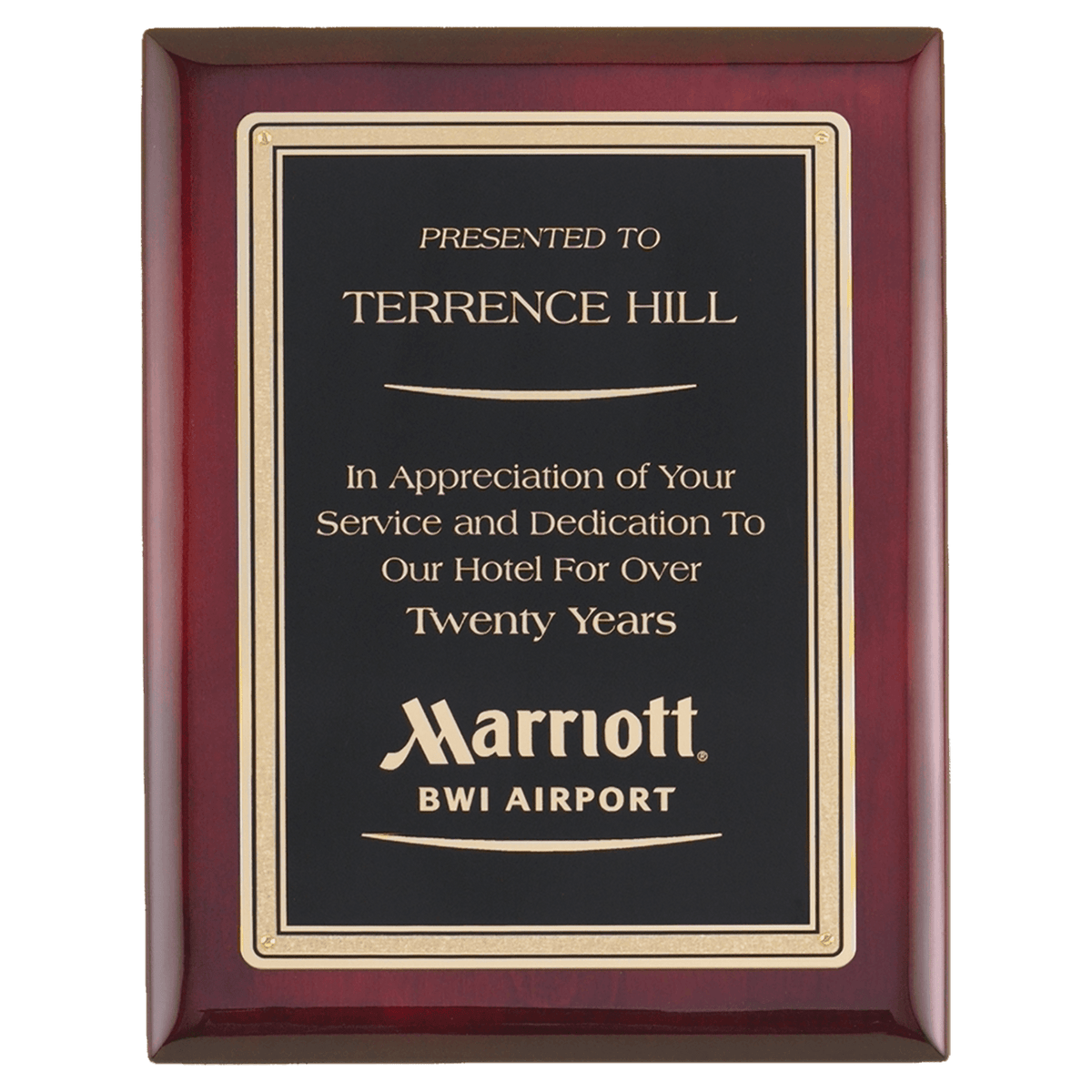 Airflyte Premium Rosewood Piano Finish Plaque with Gold Border Black LaserFX Plate