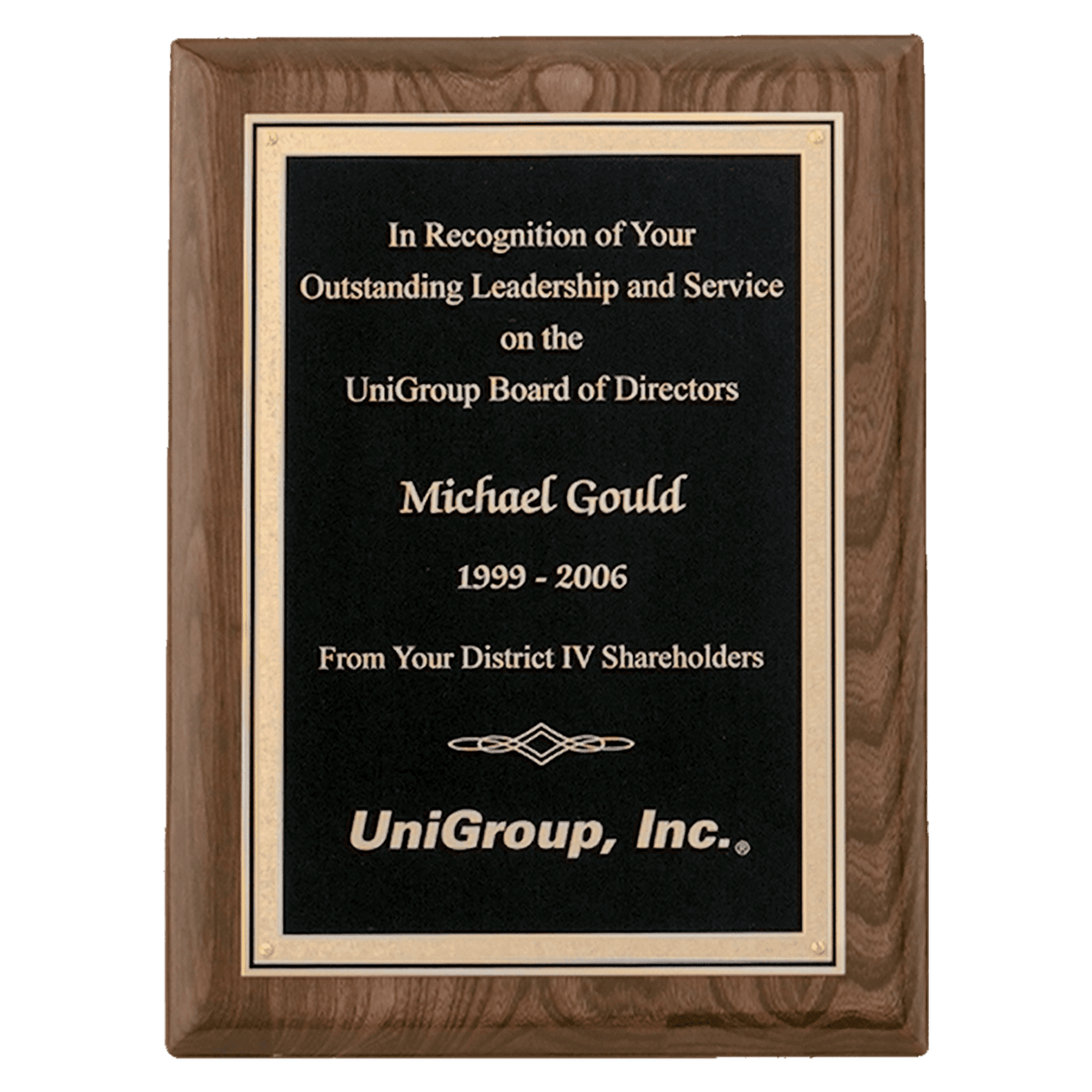 8" x 10" Airflyte Walnut Piano Finish Plaque with Textured Black/Gold Florentine Border LaserFX Plate