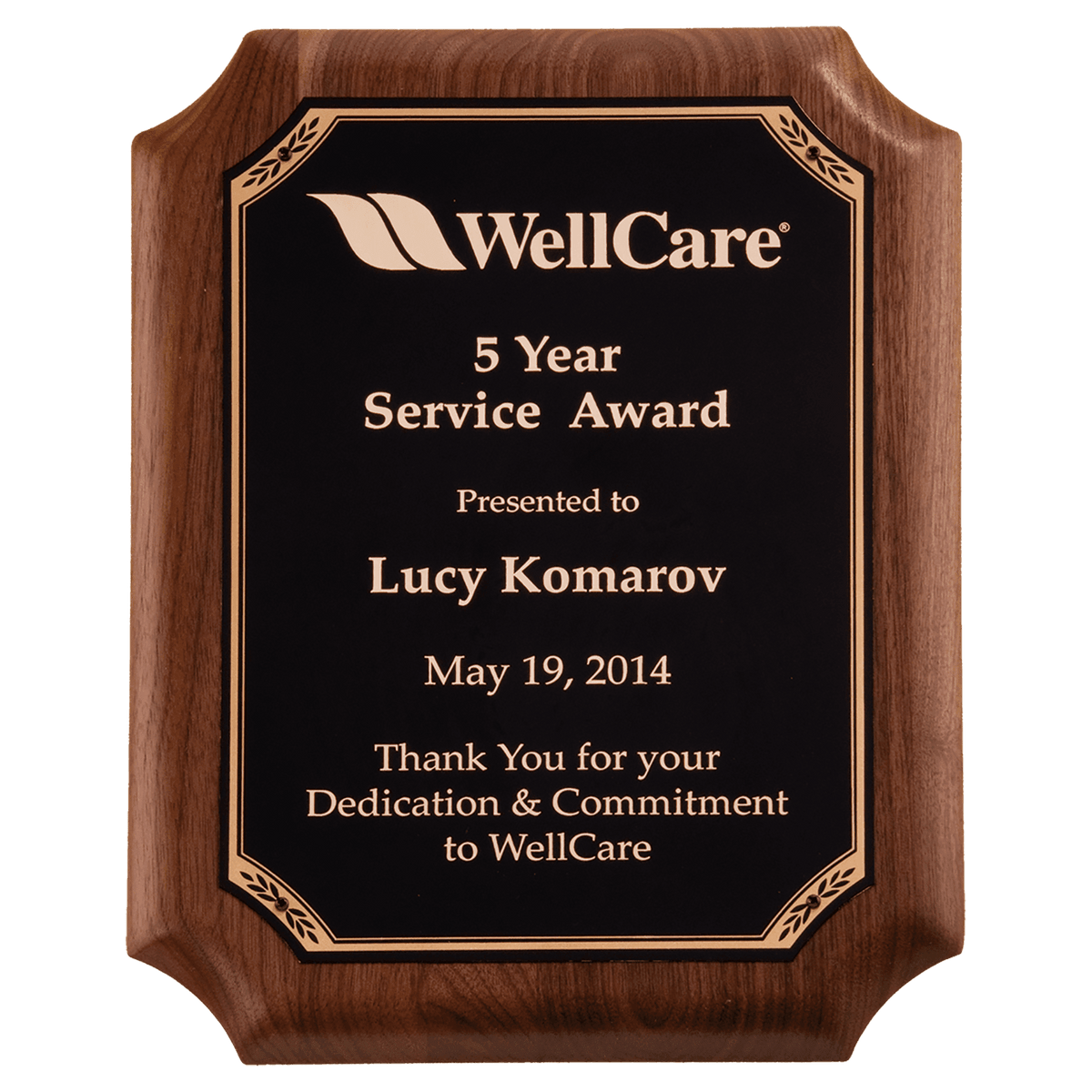 9" x 12" American Walnut Plaque with Gold Border Black LaserFX Plate