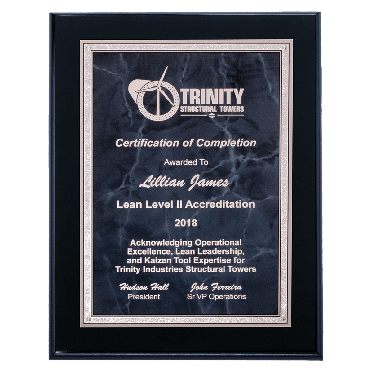 9" x 12" Airflyte Black High Gloss Plaque with Gray Marble/Silver Florentine Border