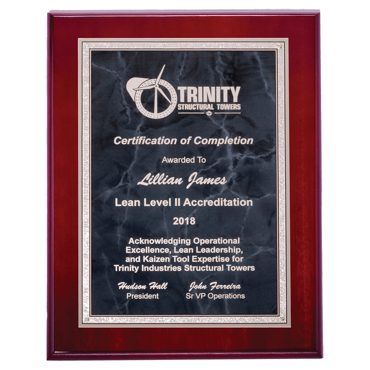 7" x 9" Airflyte Rosewood High Gloss Plaque with Gray Marble/Silver Florentine Border Plate