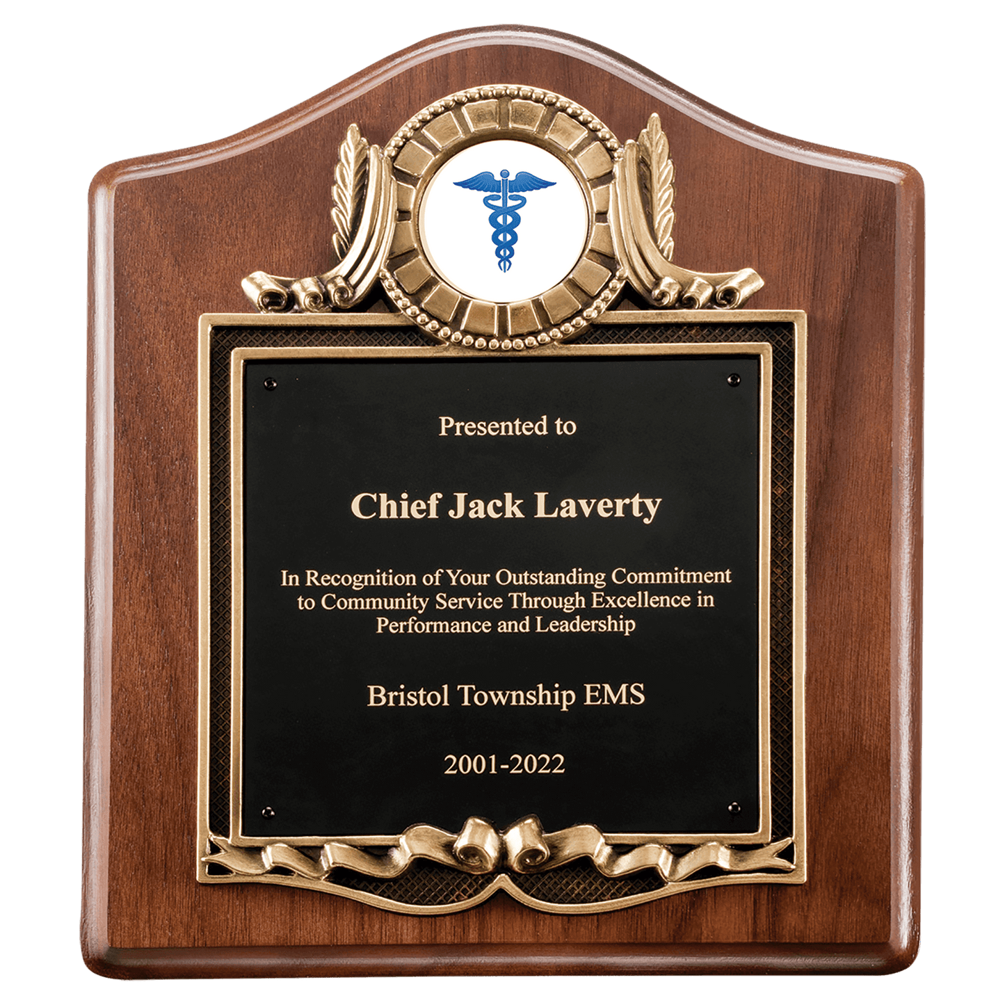 10" x 12" American Walnut Plaque with Gold Border Decorative Frame with 2" Insert Holder, Laserable Black Brass Plate- Wit...