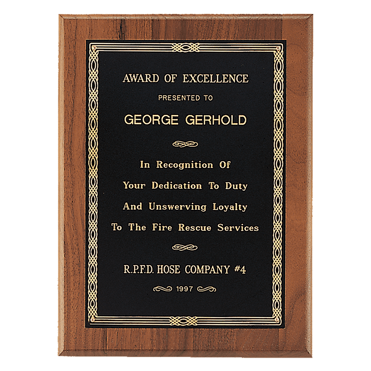 8" x 10" Black Laserable Gold Border Plate on an American Walnut Plaque - Sheffield Series