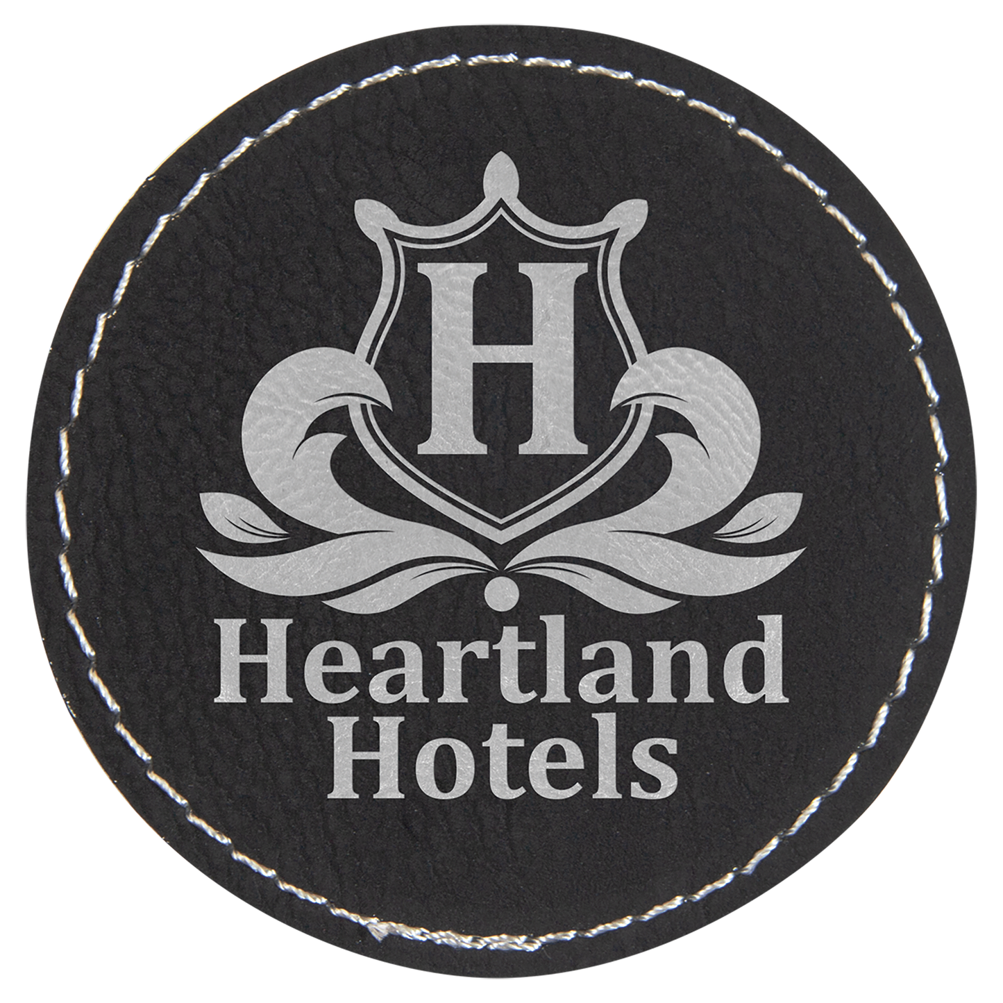2 1/2" Round Black/Silver Laserable Leatherette Patch with Adhesive