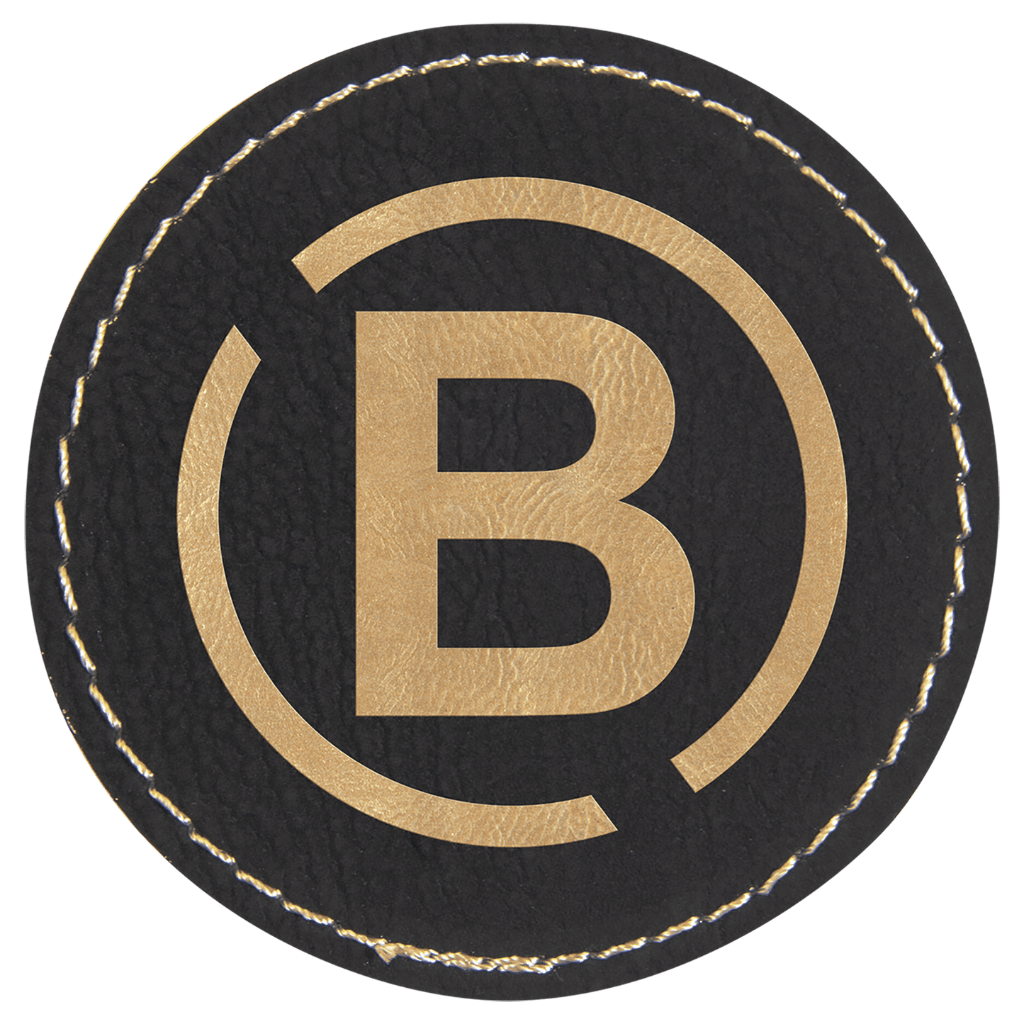 Round Black/Gold Engravable Leatherette Patch with Adhesive - 2 1/2"