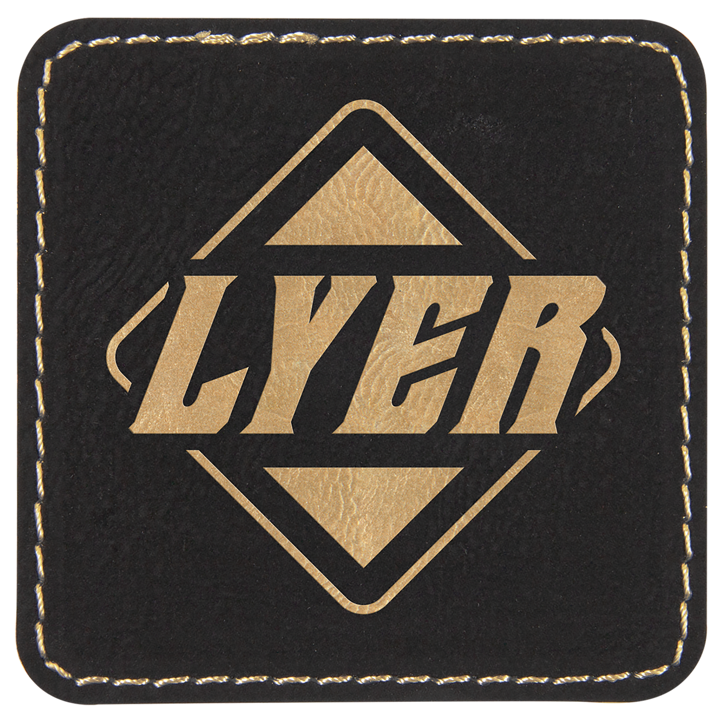 Black/Gold Square Engravable Leatherette Patch with Adhesive - 2 1/2" x 2 1/2"