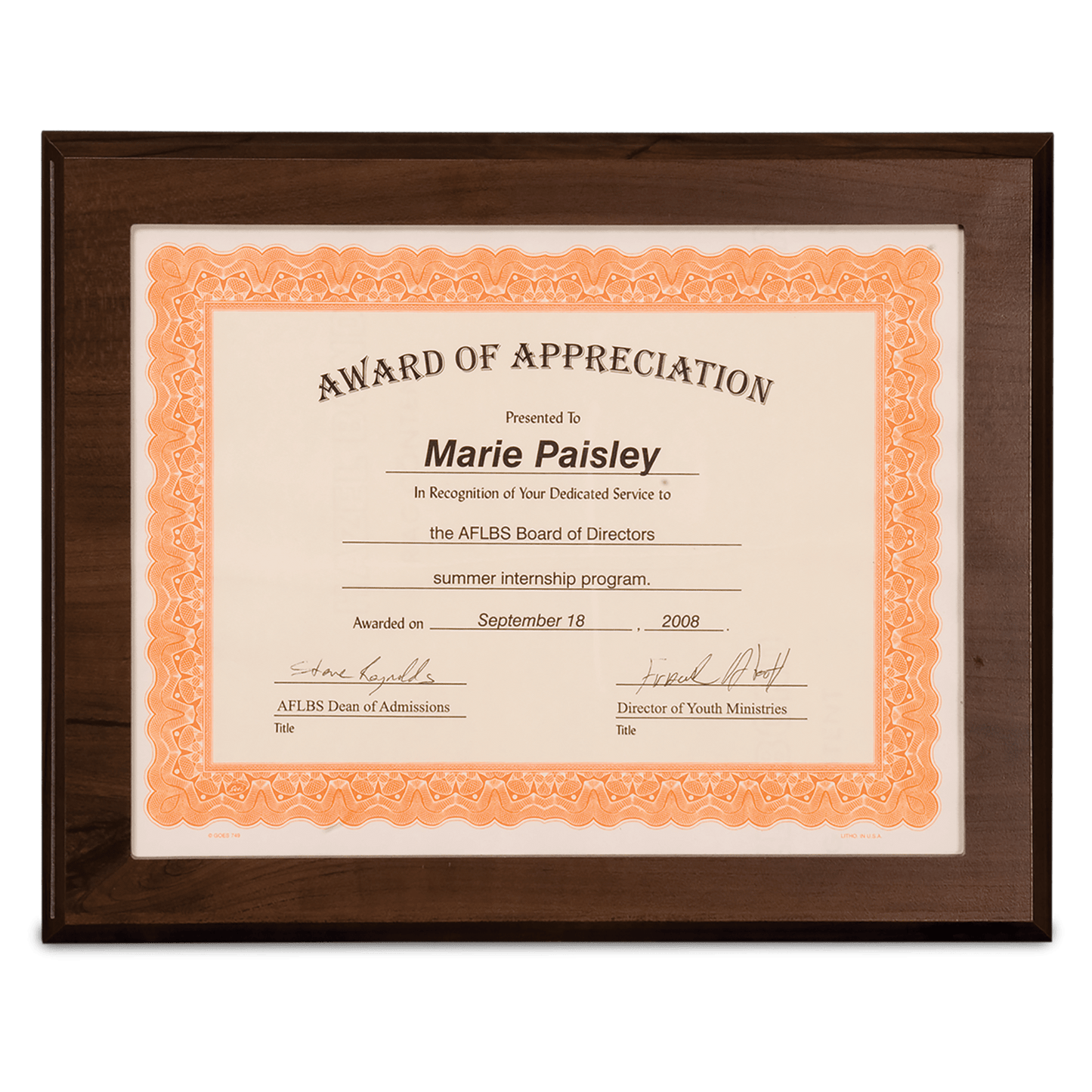Cherry Finish Slide-In Frame Plaque with 11" x 8 1/2" Window - 13" x 10 1/2"