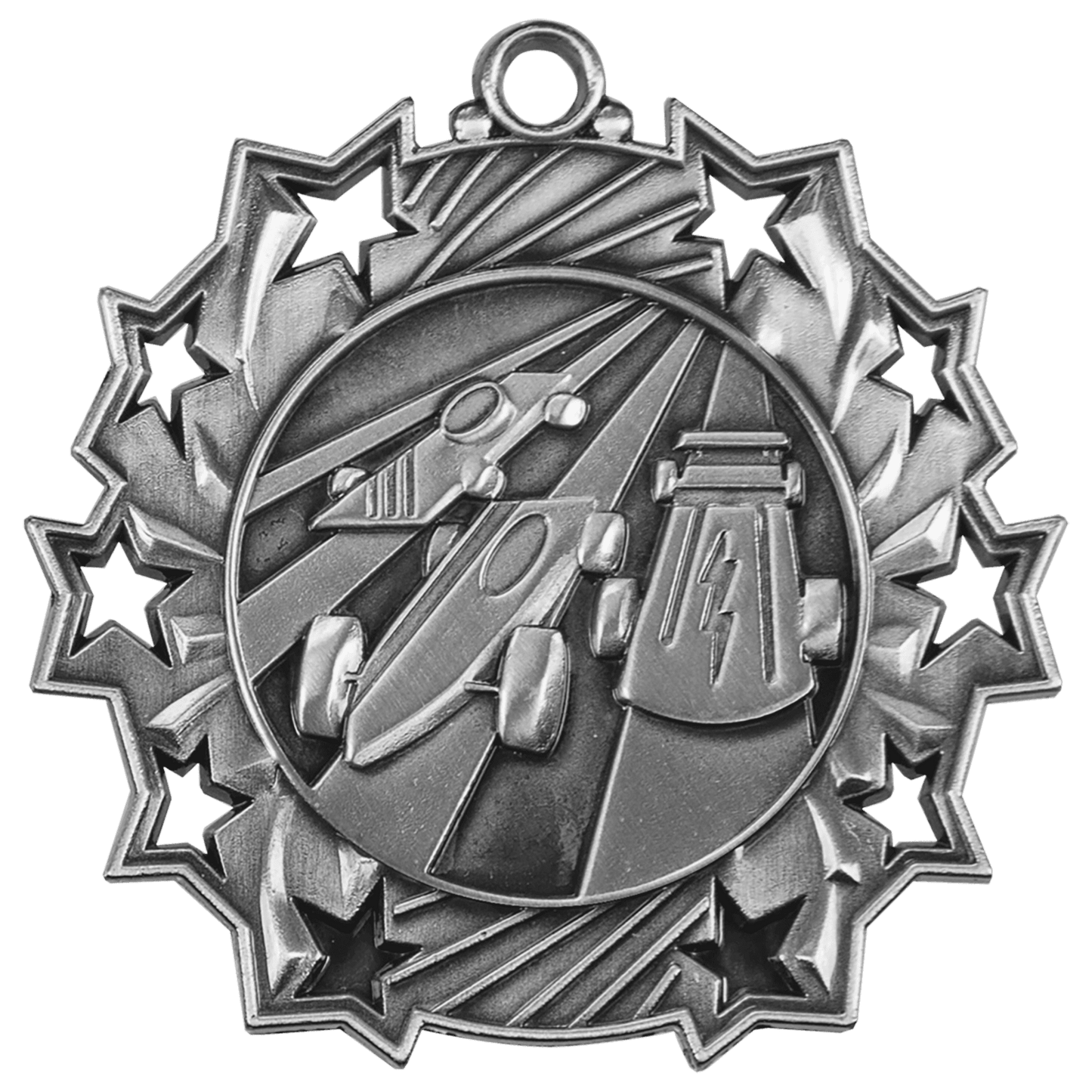 2 1/4" Antique Silver Pinewood Derby Ten Star Medal