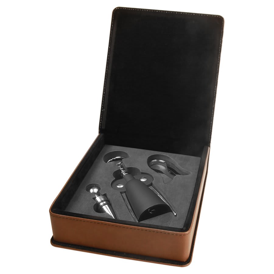 Dark Brown Engravable Leatherette 3-Piece Wine Tool Gift Set