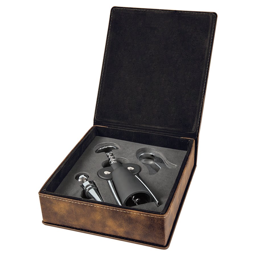 Rustic/Gold Engravable Leatherette 3-Piece Wine Tool Gift Set