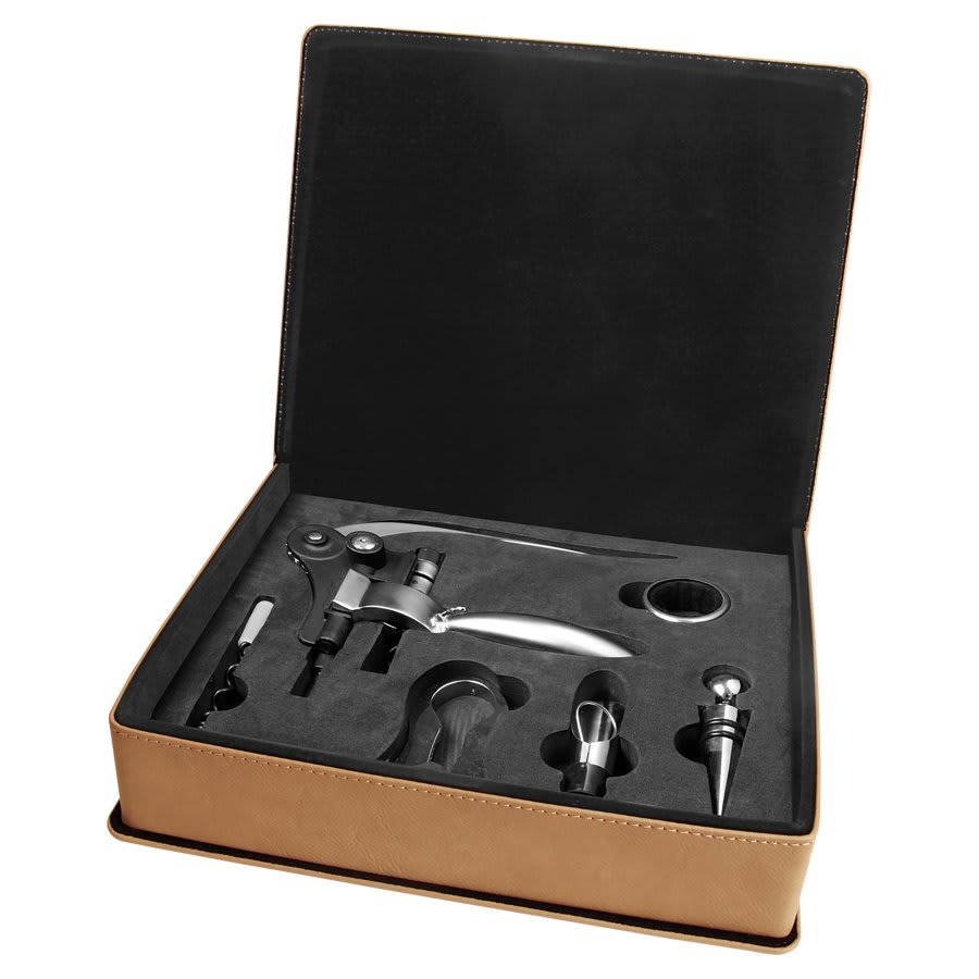 Light Brown Engravable Leatherette 5-Piece Wine Tool Gift Set