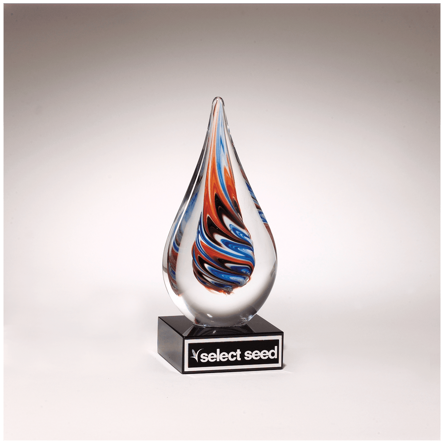 7 1/2" Teardrop Art Glass on Black Glass Base with Black Laserable Aluminum Plate