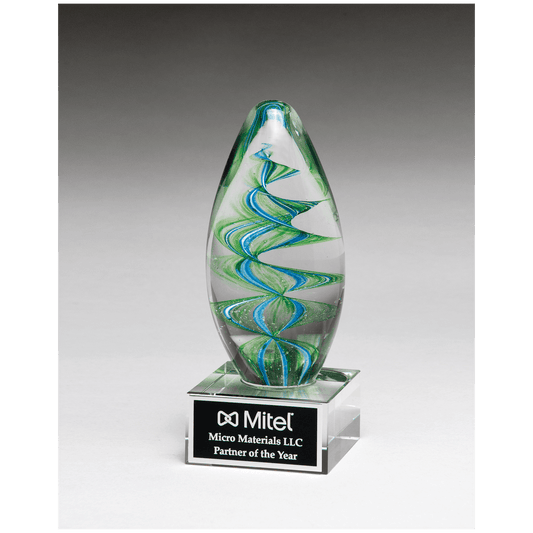 6 1/2" Blue and Green Helix Egg Shaped Art Glass on Clear Glass Base with Black Laserable Aluminum Plate