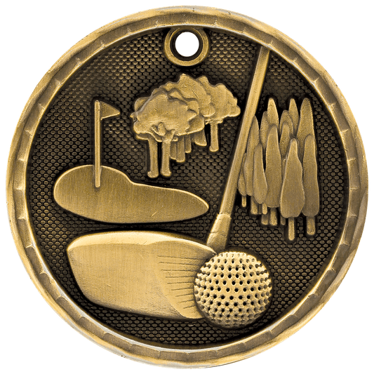 Antique Gold 3D Golf Medal - 2"