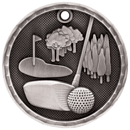 Antique Silver 3D Golf Medal - 2"