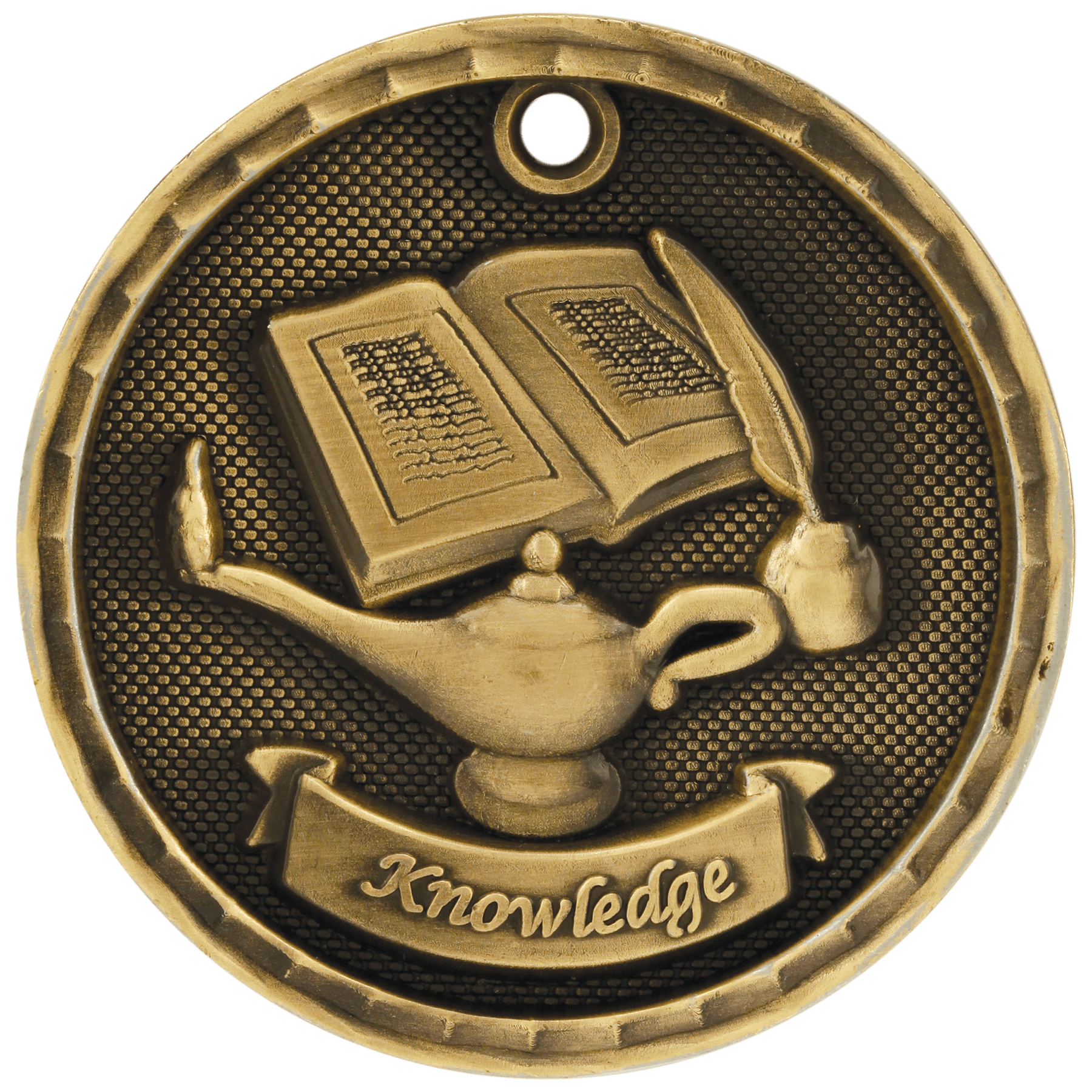 Antique Gold 3D Lamp of Knowledge Medal - 2"