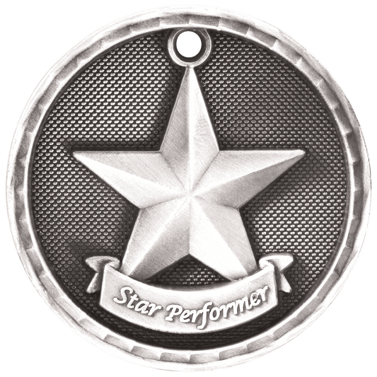 Antique Silver 3D Star Performer Medal - 2"